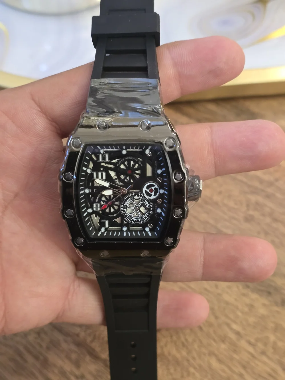 Men's Black Skeleton Dial Sport Watch with Rubber Strap